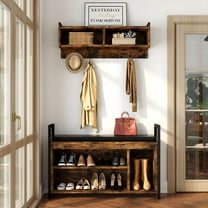 Dextrus Industrial Entryway Hall Tree Garment Coat Rack with Shoe Bench, Storage Shelves, Brown