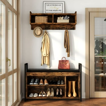 Dextrus Industrial Entryway Hall Tree Garment Coat Rack with Shoe Bench, Storage Shelves, Brown
