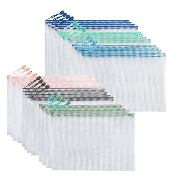 Behome 24pcs Mesh Zipper Pouch Bags, 6 Colors Waterproof A4 Zipper Bags for Organizing Storage, Letter Size, File Bags for Travel, School Supplies, Office Appliances and Home Organization