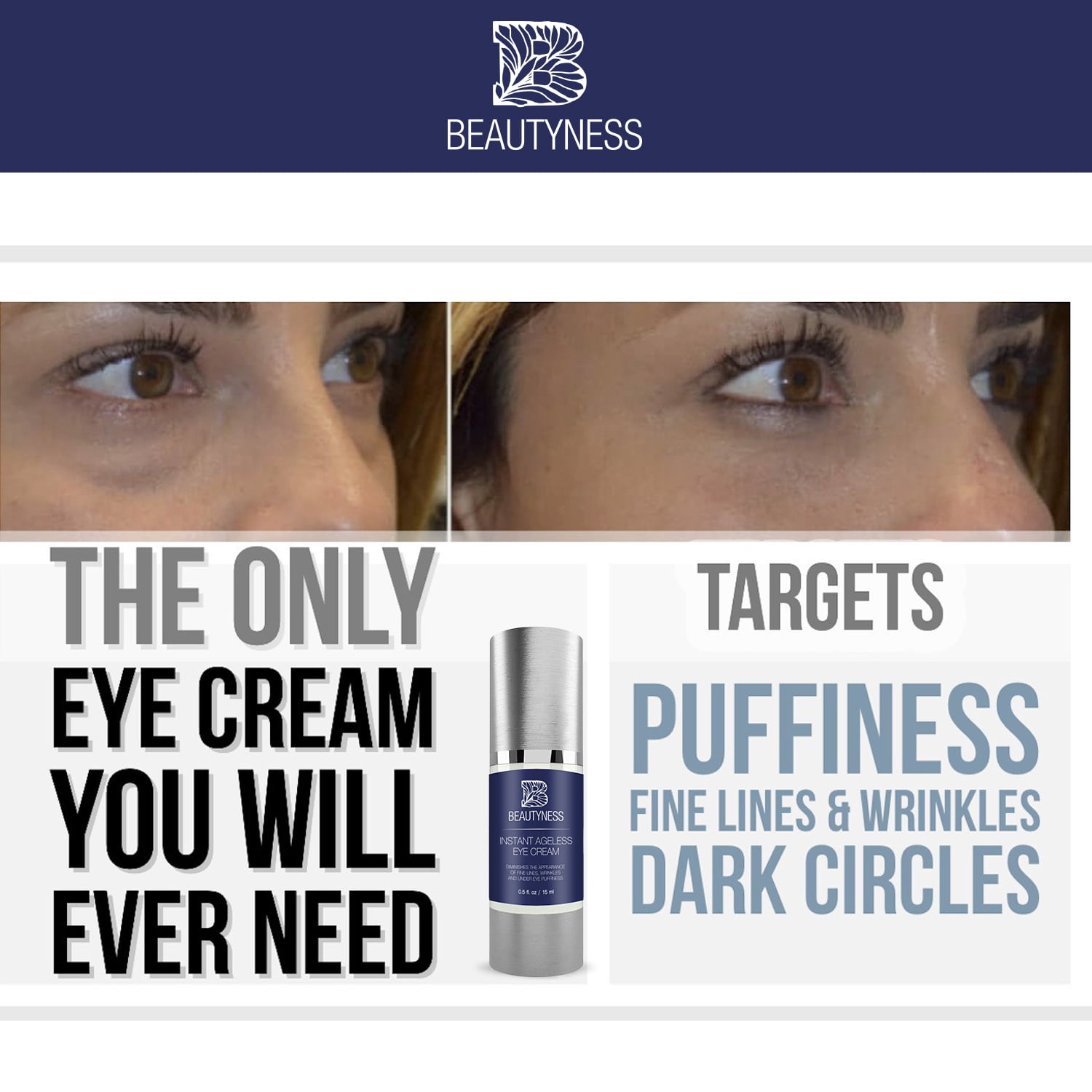Instant Ageless Eye Cream Anti Wrinkle Cream, Removes Under Eye Puffiness, Bags, Expression Lines, & Dark Circles. Powerfully Tighen & Lifts Sagging Skin. Disappears Before Your Eyes In Minutes.