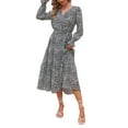 thumbnail image 2 of hirigin Women Midi Dress, Long Sleeve V Neck Flower/Leopard Print Fall Dress with Belt for Daily Party, 2 of 8