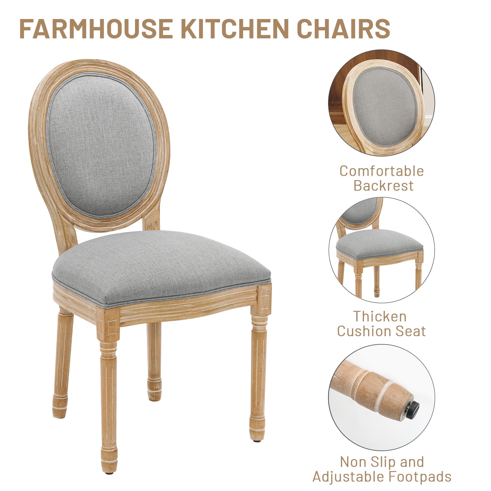 Furniliving French Dining Chairs Set of 4,Farmhouse Dining Room Chairs Side Chairs with Round Back, Gray