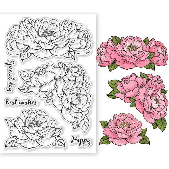 Peony Flowers Clear Stamps for DIY Scrapbooking Peony Flowers Silicone Clear Stamp Seals Transparent Stamps for Cards Making Photo Album Journal Home Decoration