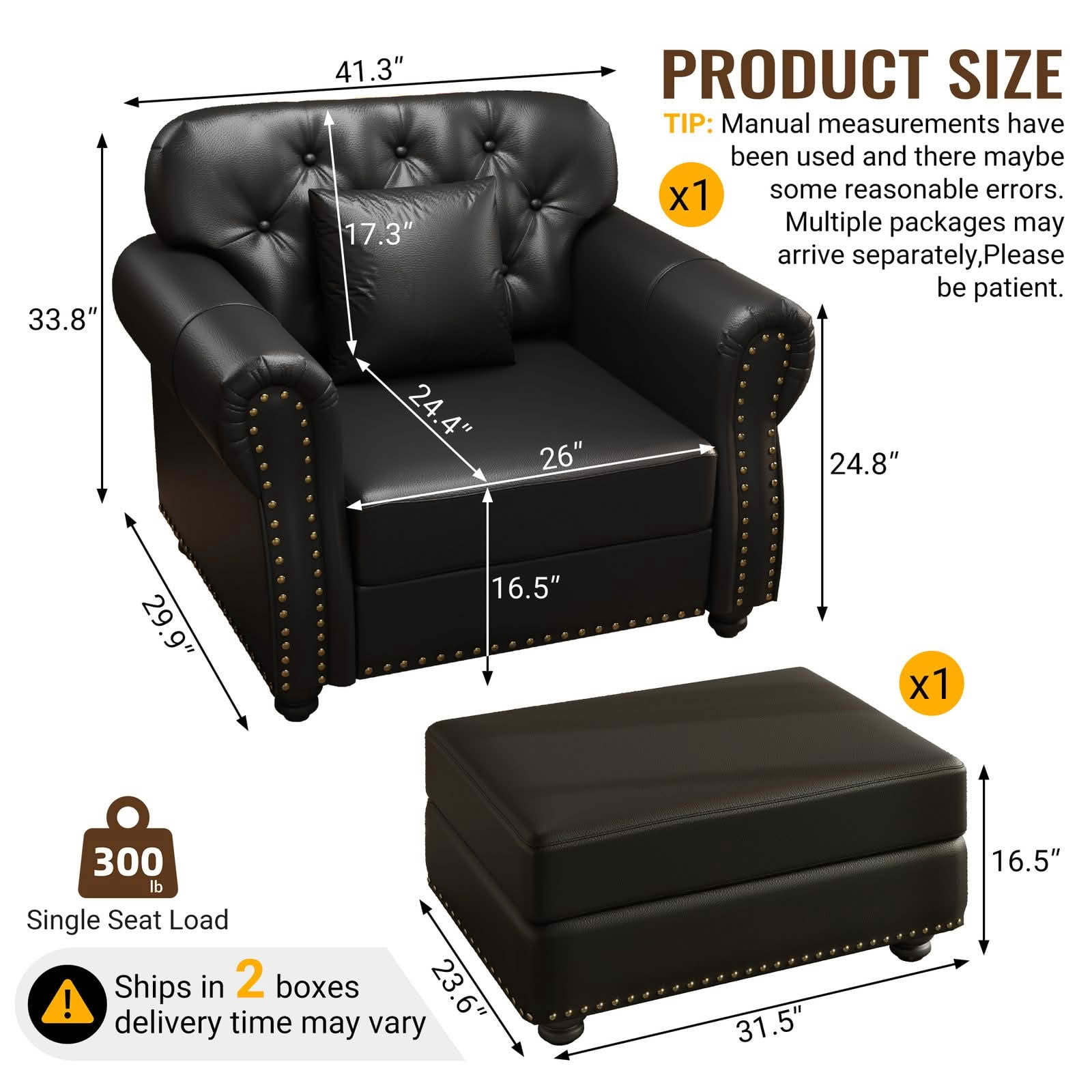 MAYEERTY 41.3" Upholstered Faux Leather Single Sofa with Ottoman, Mid‑Century Modern Chesterfield Accent Sofa with Button Tufted, Nailhead Trim & Rolled Armrests, Includes 1 Pillow