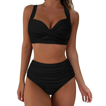 gdxvjhbj Women s Bikini Swimsuits Women Two Piece Vintage Swimsuit Retro Halter Ruched High Waist Bikini with Bottom (Black L)
