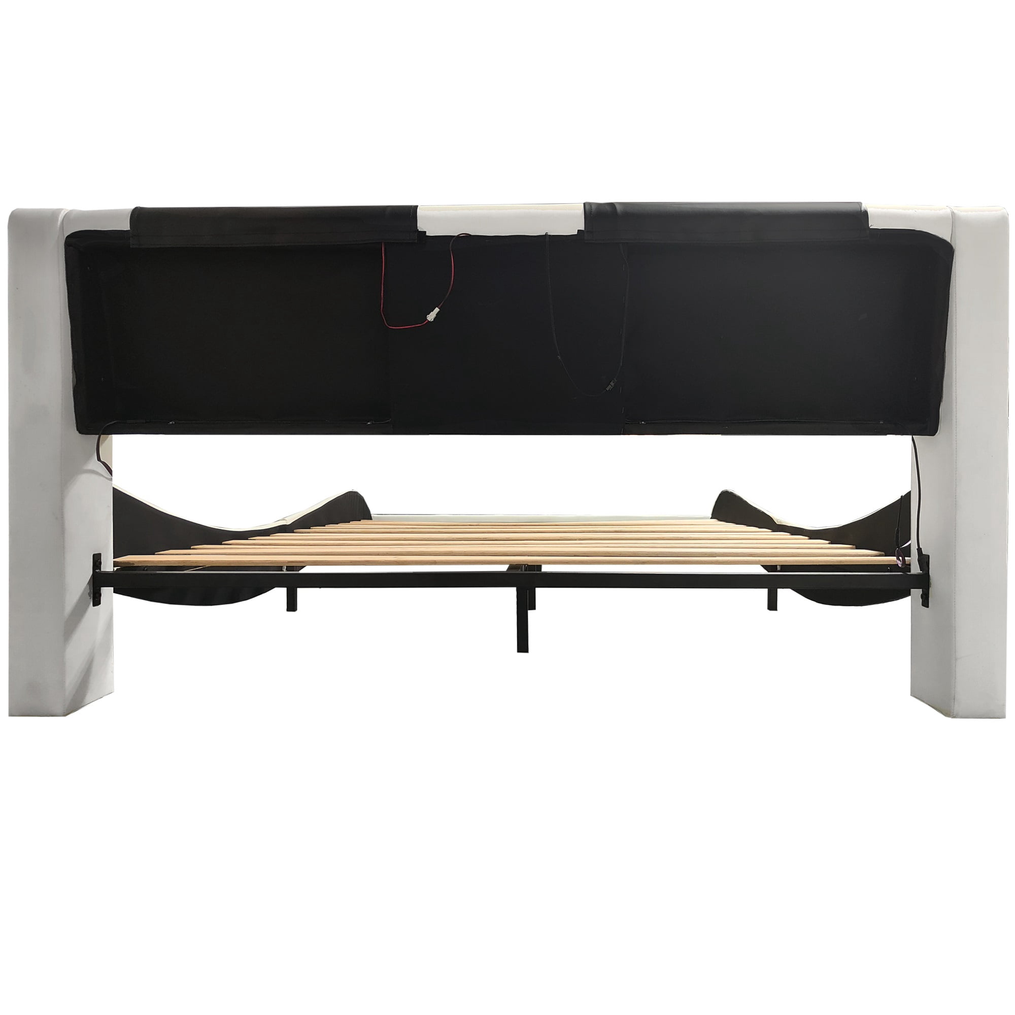 Mintazer King Faux Leather Platform Bed Frame with Massage Headboard & Bluetooth Speakers, Upholstered Platform Bed with USB Charging Ports & RGB LED Under Bed Lights for Bedroom, White