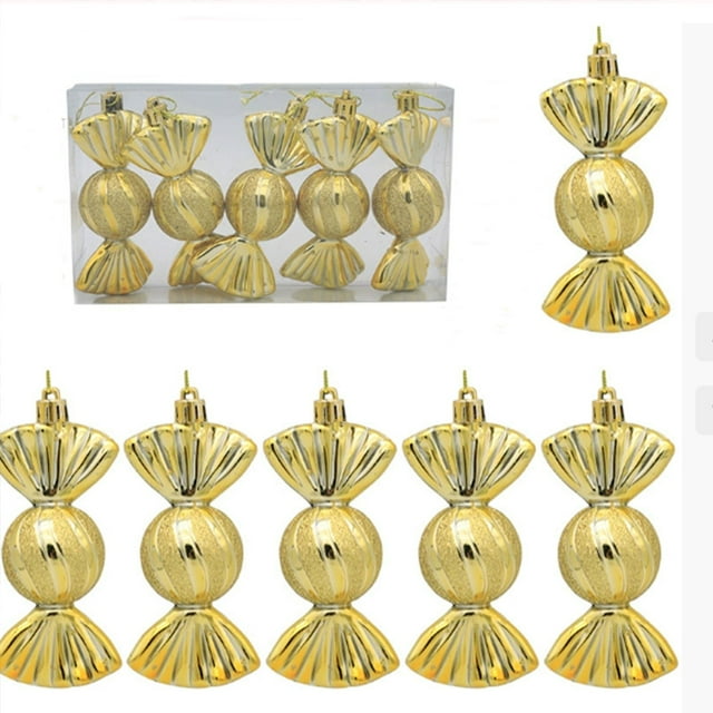 Gold 5Pc Electroplated Shiny Christmas Candy Ornaments For Tree Decoration Colorful Painted Design Durable Plastic Material Set Of 5 4.33 Inches Diameter 5Pc 0.15 Lbs