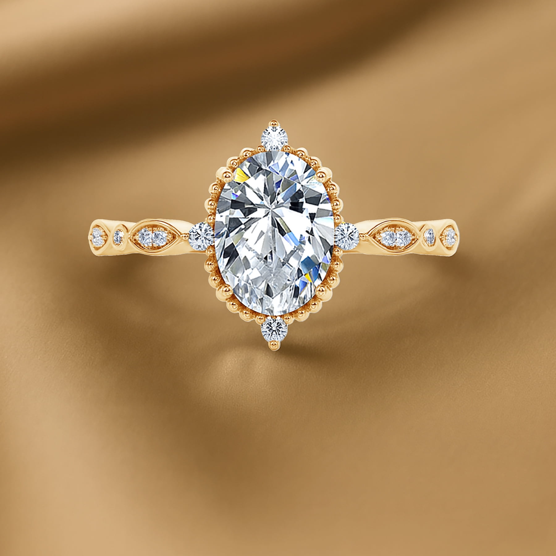 JeenMata 1.5 Carat Moissanite Oval Shape - Vintage Filigree Bezel 5-Stone Milgrain Decorative Engagement Ring In 18K Yellow Gold Plating for Women