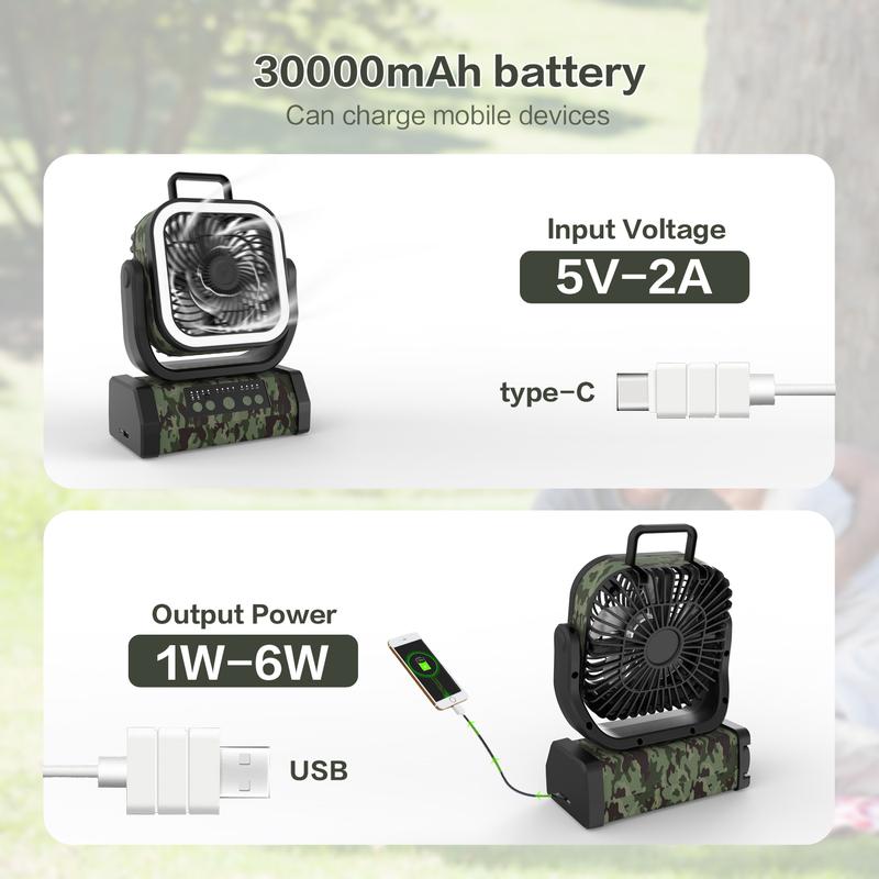 2025 Upgraded 30000mAh Camping Fan，Portable Rechargeable Fan with LED Lights and 270° Rotating Shaft, Remote Control Oscillating Table Fan for Tenting Trips and Family Multi-Purpose Outdoor