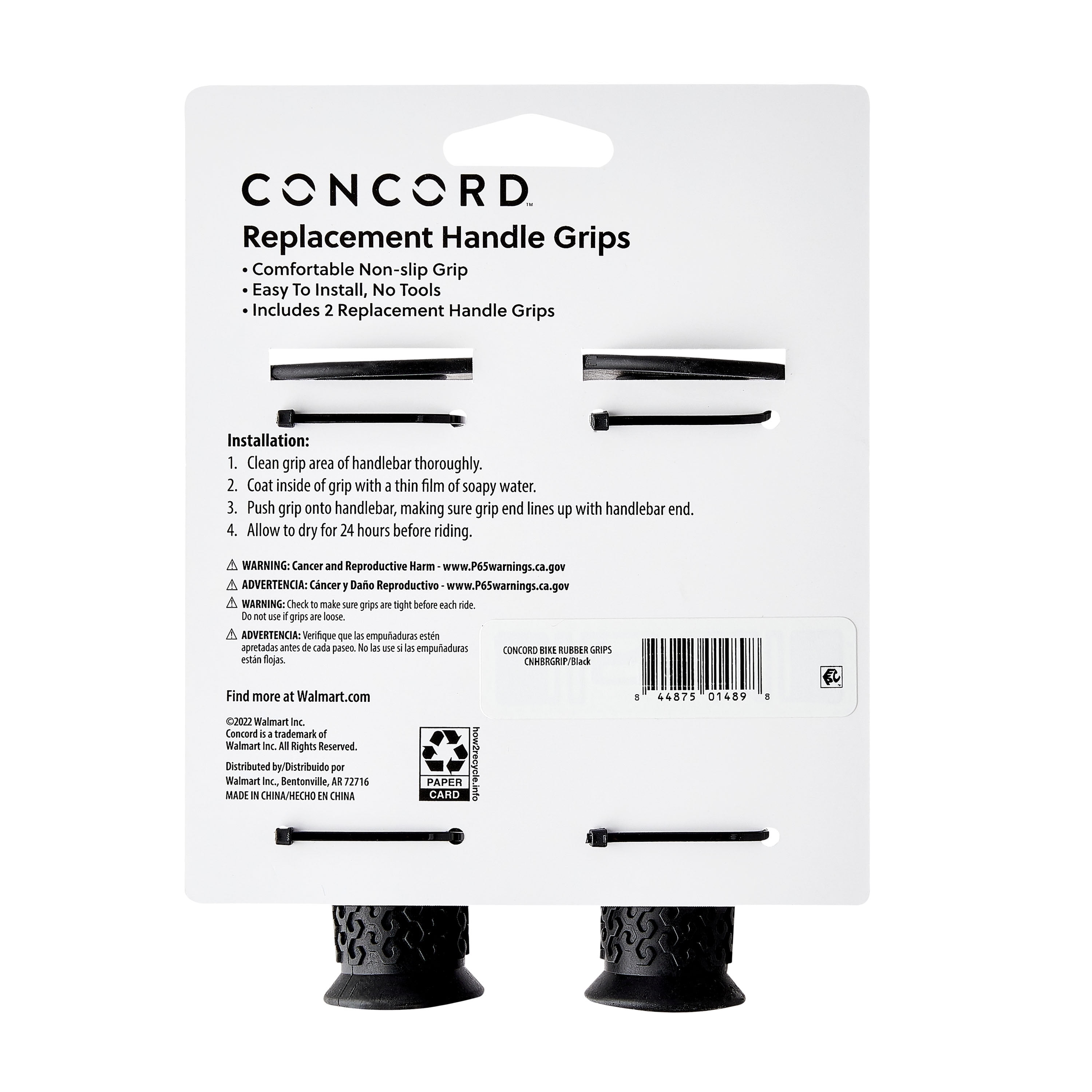 Concord Replacement Non-Slip Rubber Bicycle Handlebar Grips, Black