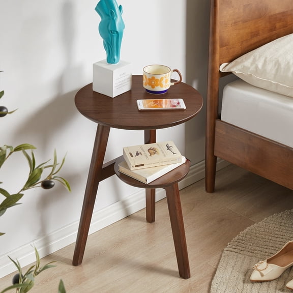 Leumius 2-Tier Wood Round Side Table,End Table,Nightstand with Lower Storage Shelf,Living Room/Bedroom,Walnut