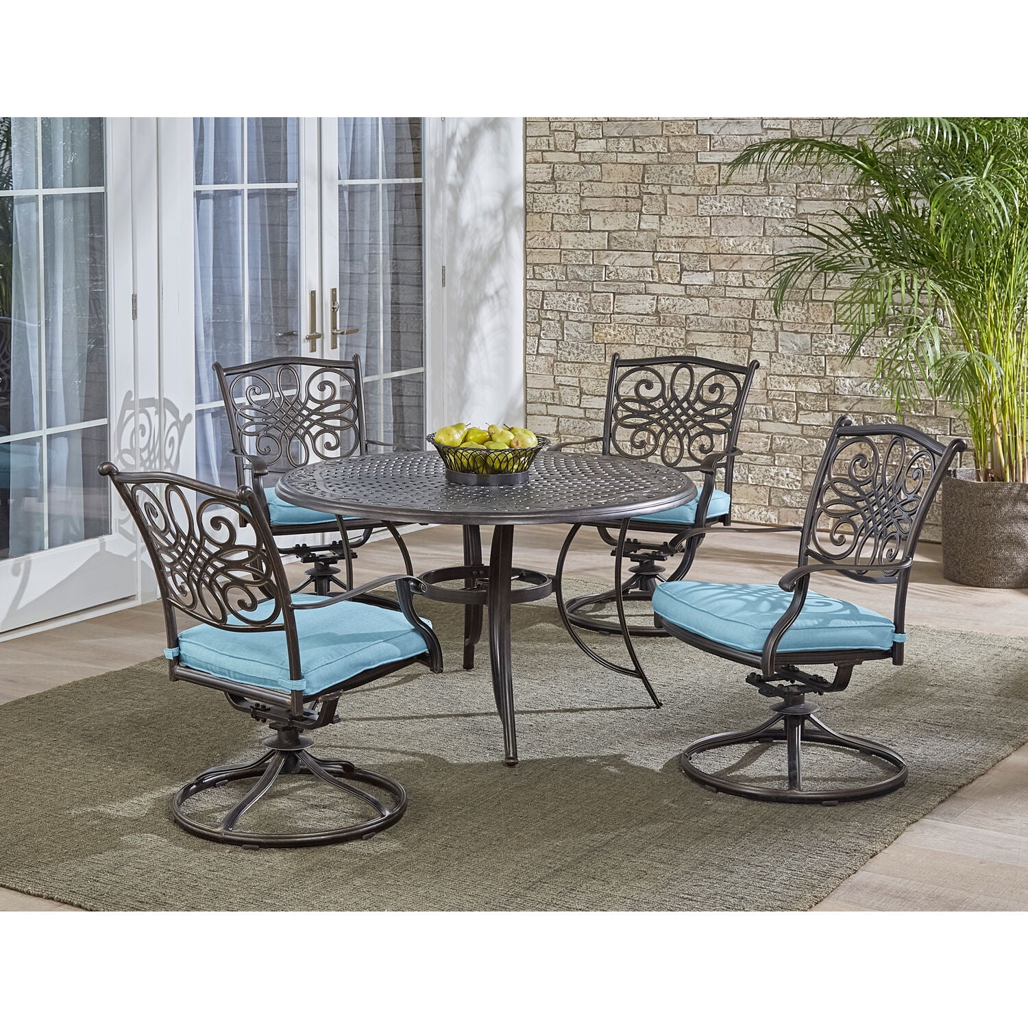 Hanover Traditions 5-Piece Rust-Free Aluminum Outdoor Patio Dining Set with Blue Cushions