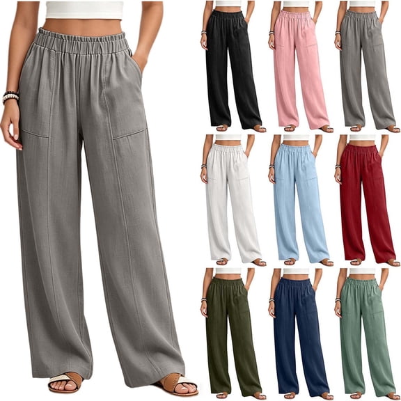 Sevevn Women's Elastic Waist Palazzo Pants Linen Look Loose Wide Leg Casual Trousers with Pockets Gray M