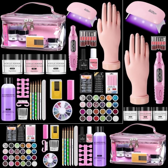 Nail Kit for Beginners with Everything: Practice Hand Acrylic Nail Set Professional Powder Drill Liquid Starter Kits with U V Lamp in Cosmetic Gift Bag for Women Salon Home (Pink)