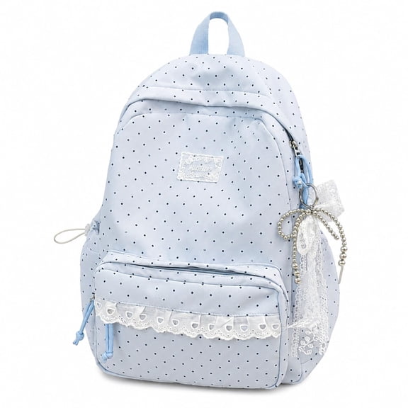 Polka Dot Backpack, Coquette Lace Backpack, Cute Nylon Daypack with Bow Accessories, Lightweight Shoulder Bag for Women