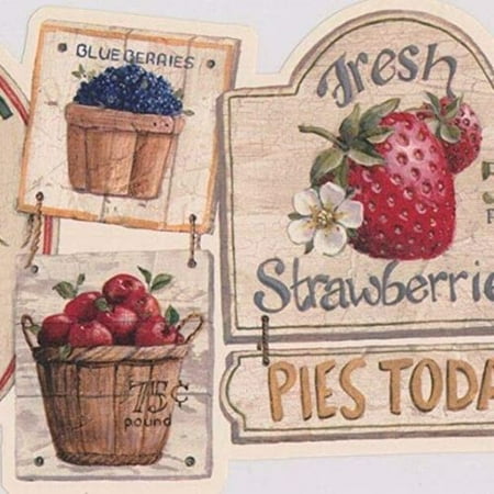 

Concord Wallcoverings Wallpaper Border Kitchen Pattern Food Signs Fresh Vegetables Fruits for Dining Area Farmhouse Dark Blue Brown Yellow Green Red 9 Inches by 15 Feet AAI08152B