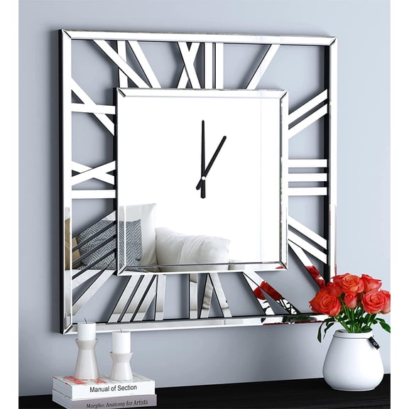 Wall Clock-Mirror Glass Clock Roman Numerals Non-Ticking Clock for Wall Dcor,Perfect Home Decor for Bedroom, Dining Room 32 Inches