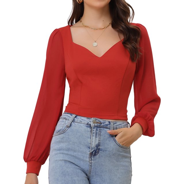 Blusa de Manga Larga con Lazo para Mujer rojo XL
