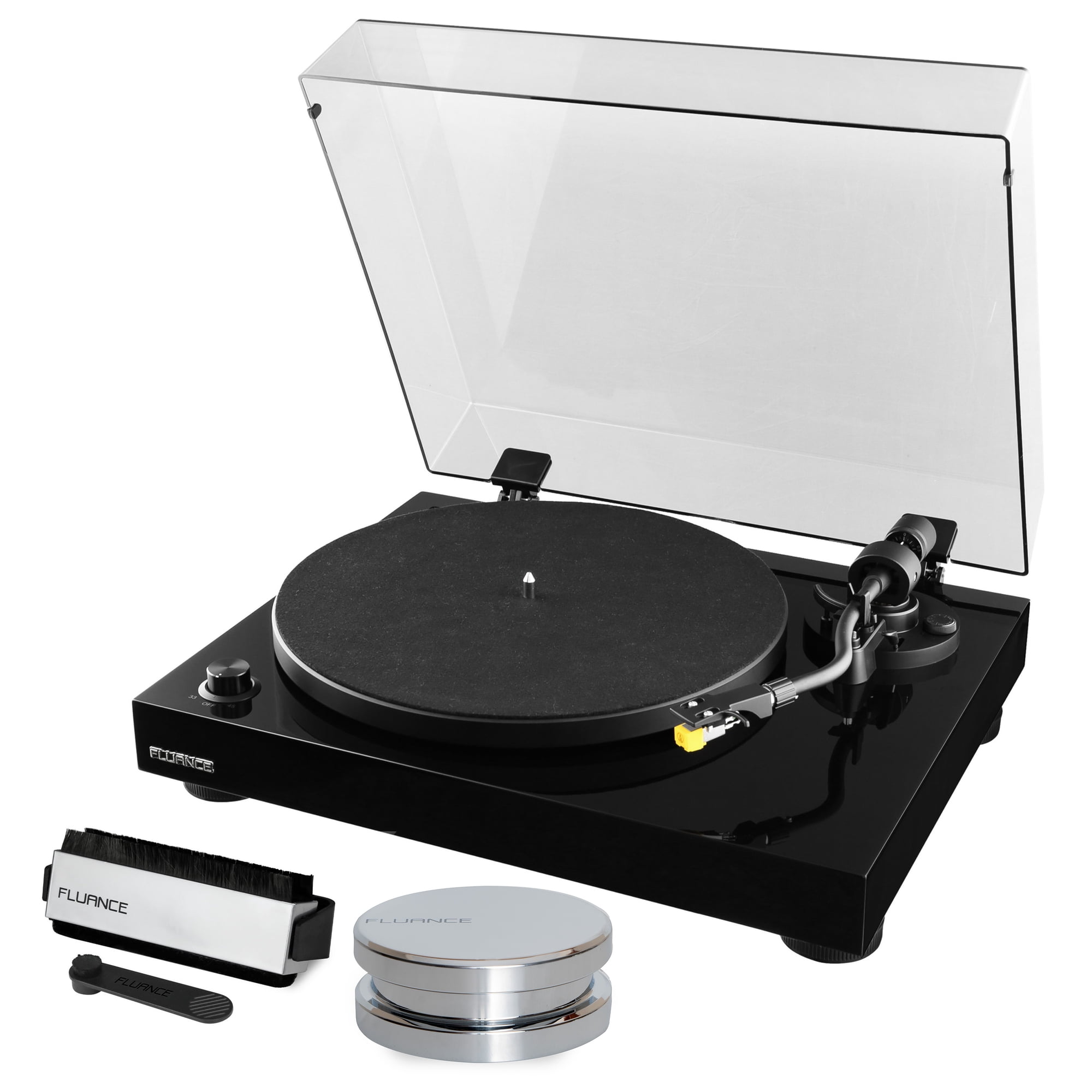 Fluance RT80 Classic High Fidelity Vinyl Turntable Record Player featuring Audio Technica AT91, Belt Drive, Built-in Preamp with Record Weight and 3 in 1 Stylus and Record Cleaning Vinyl Accessory Ki