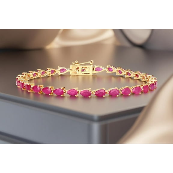 Lakshay enterprise 5.5 Carat pear Cut July - Ruby - Birthstone Tennis Bracelet Eternity Design, Ruby tennis bracelet - yellow Gold Plating silver , Female, Adult