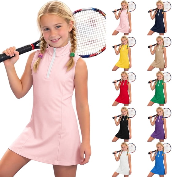 YUEHUA Girls Tennis Golf Dress Sleeveless Athletic Half Zipper Outfits Built-in Bra Pickleball Sleeveless Athletic Dress Workout Aged 4-14Year