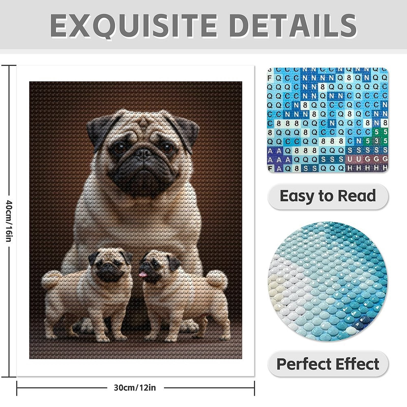 Diamond Art Kit for Adults, Pug Family Portrait Brown Background Diamond Painting for Adults Beginners, DIY Diamond Art Painting Kits, 5D Diamond Painting Crafts for Home Decor 12x16 Frameless