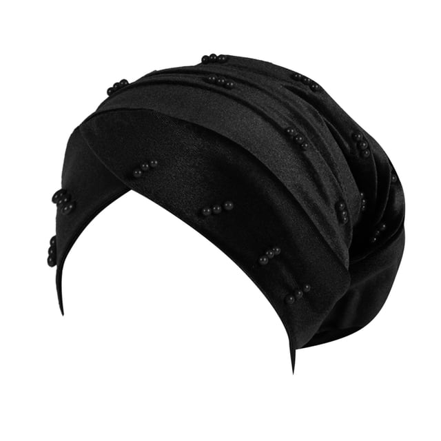 Womens Large Elastic Solid Color Comfortable Flat Hat Pearl Cap Nail Bead Pile Cap