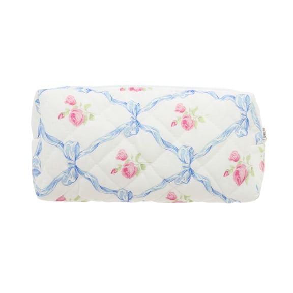 Unique Bargains 1 Pc Portable Bow Floral Makeup Bag for Women Blue