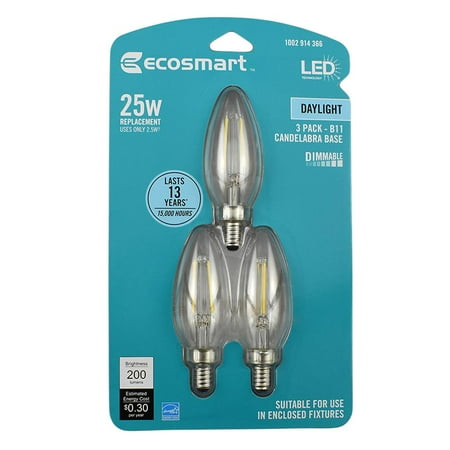 

EcoSmart 25-Watt Equivalent B11 Candle Dimmable Energy Star Clear Glass Filament Vintage LED Light Bulb Daylight (3-Pack)