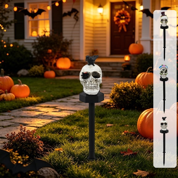 Kdkad Halloween Skull Solar Lights, Resin Waterproof Garden Lights, Spooky Skull Flickering Flame LED Pathway Lights for Halloween Outdoor Decorations Patio Yard Lawn Porch Supplies