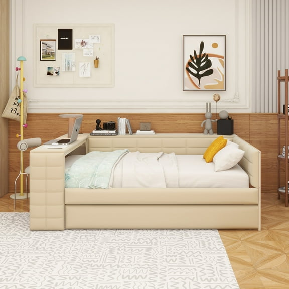Full Size Upholstered Platform Bed with Storage Shelves, Desk, Charging Station and Trundle, Beige