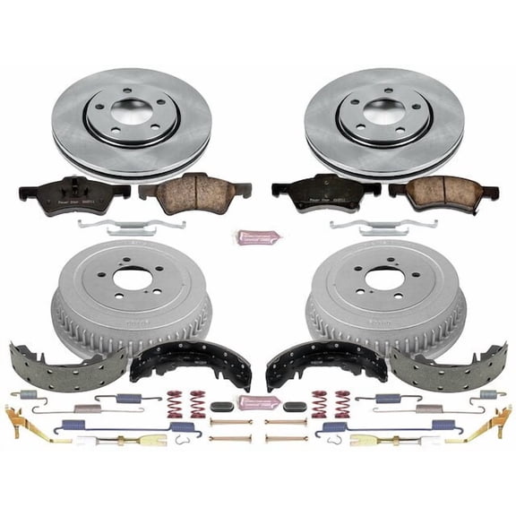 Front and Rear Brake Pad Rotor Shoe Drum Kit - Compatible with 2003 - 2004 Dodge Caravan - Power Stop
