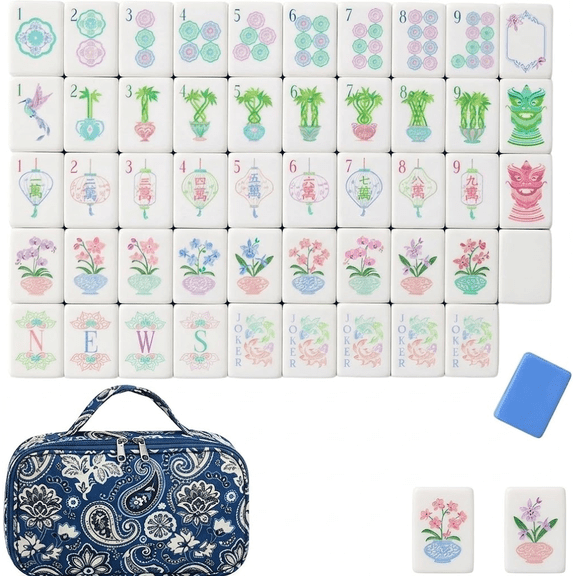 Premium American Mahjong Set 160 Tiles, 4-Layer Acrylic Mahjong Tiles with Preppy Botanical & Chinoiserie Designs, Portable Western Mah-Jongg Game Set,Grandmillennial Decor