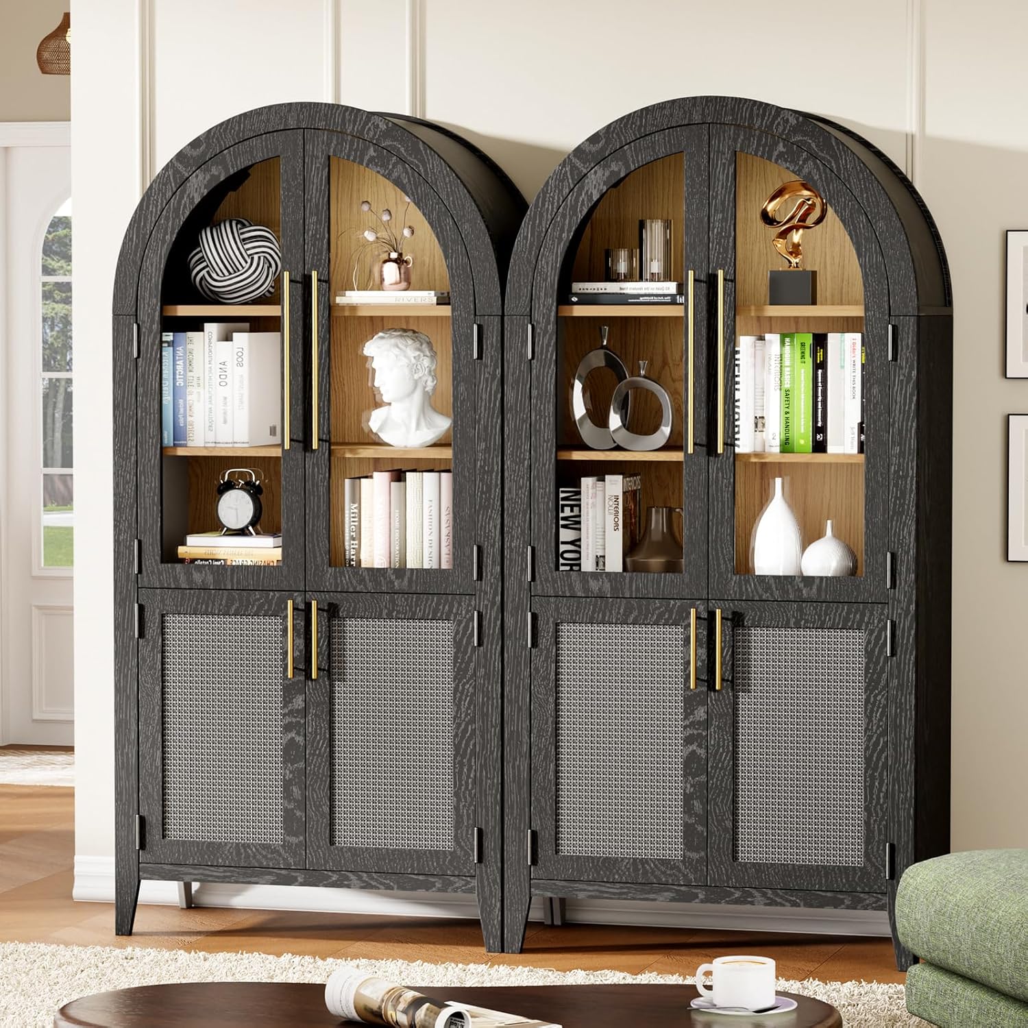 MAYEERTY 63"H Arched Accent Cabinet, Wood Kitchen Storage Cabinets with Glass Rattan Door and Adjustable Shelf for Living Room, Dining Room, Black