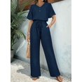 thumbnail image 5 of Womens V Neck Two Piece Set Short Sleeve Top and Casual Long Pants Fashion Slimming Outfit Navy Blue XXL, 5 of 7