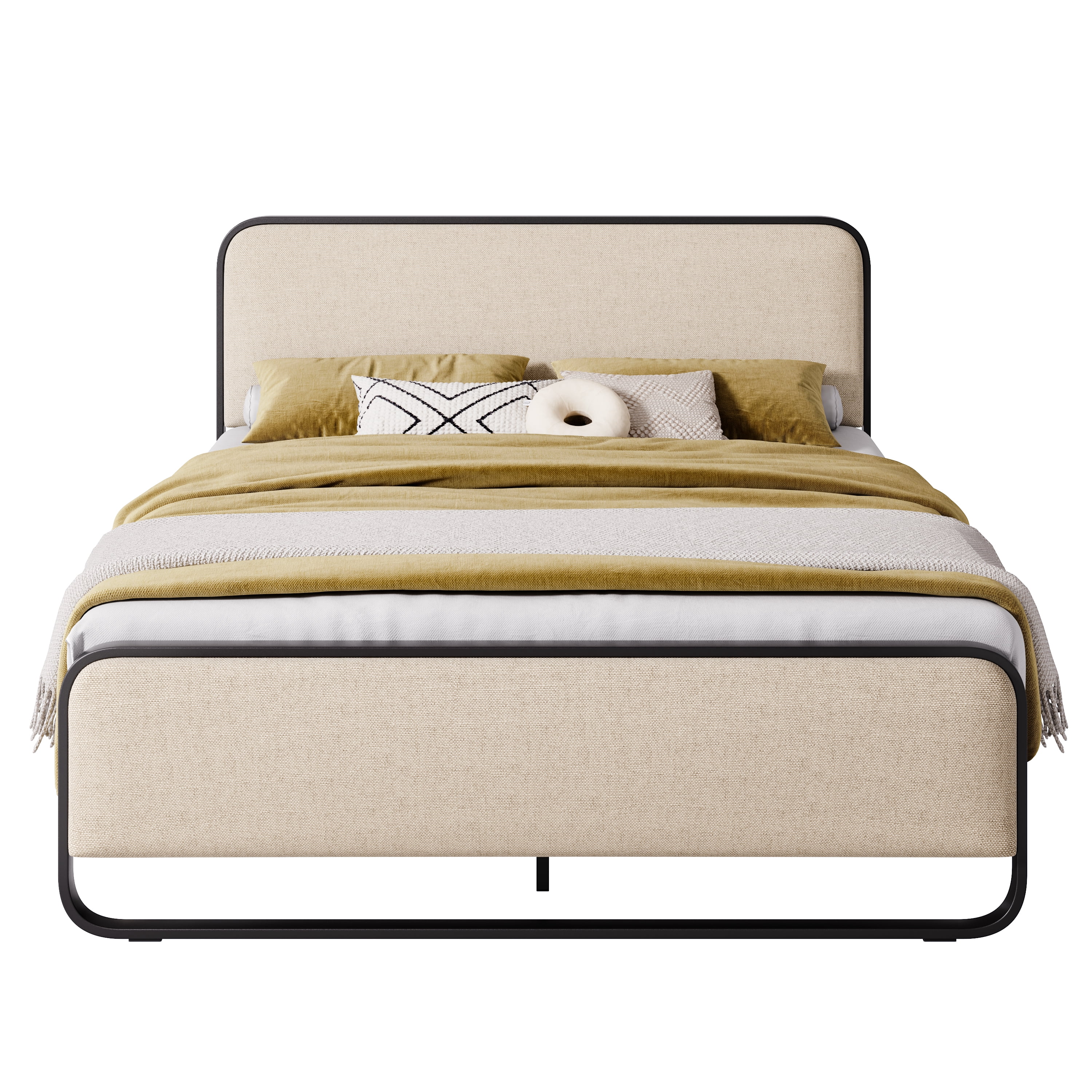 Allewie Full Size Metal Platform Bed Frame with Curved Upholstered Headboard and Footboard, Beige