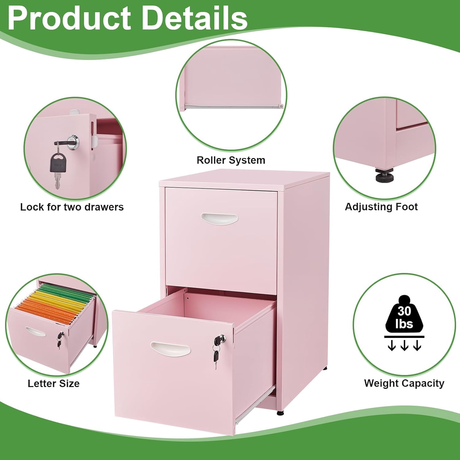 2 Drawer File Cabinet with Lock，Small Filing Cabinet for Home Office, Metal Vertical File Under Desk Cabinet for A4/Letter,Assembly Required,Pink