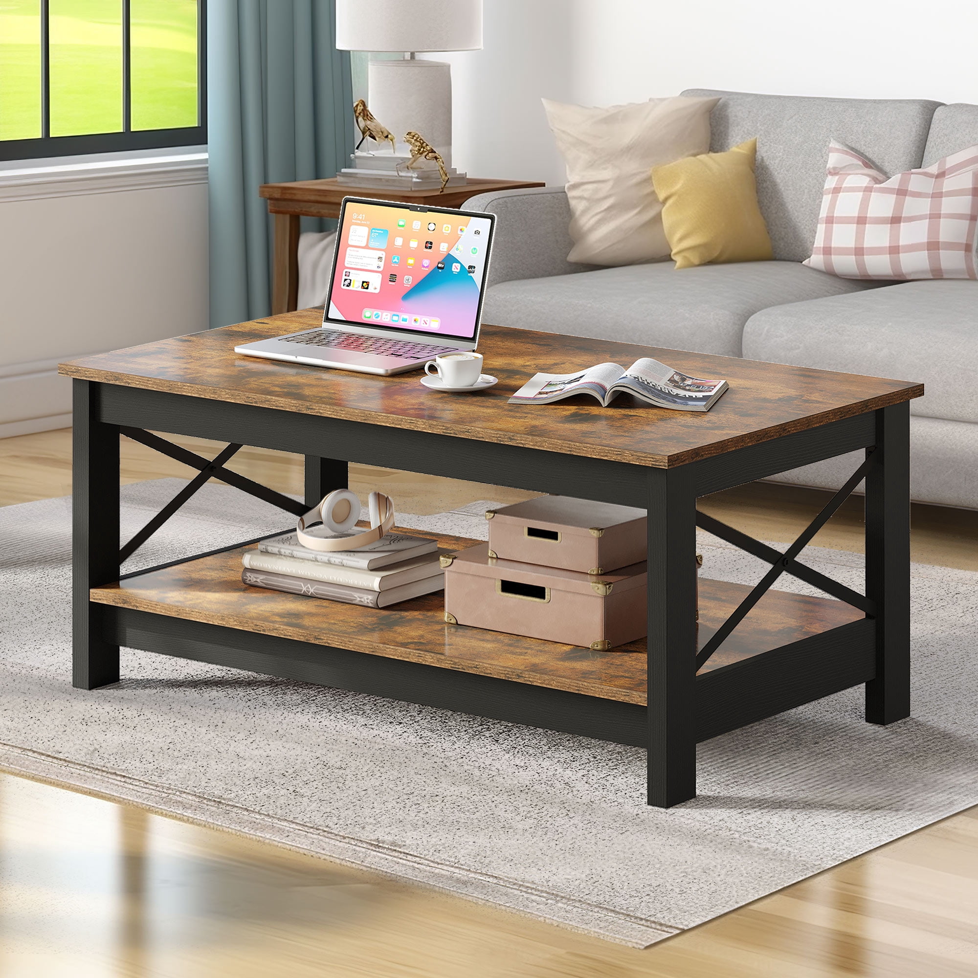 Dextrus Farmhouse Coffee Table with Open Storage Shelf, 2-Tier Thicken Wood Accent Cocktail Center Ends Table for Living Room Home Office, Rustic Brown