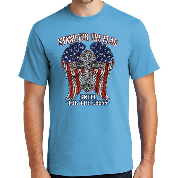 Mens Kneel for the Cross, Stand for the Flag Tee Shirt, 6XL Aquatic Blue