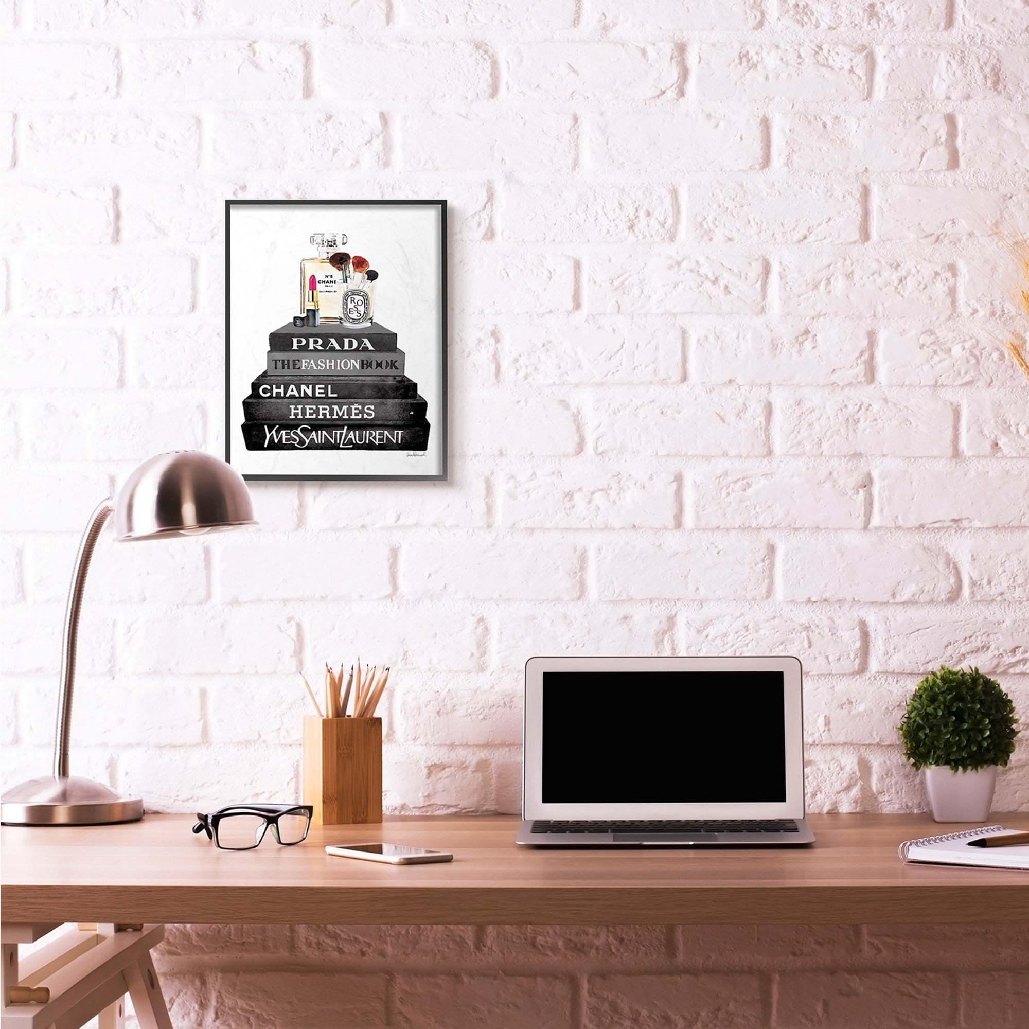 Stupell Industries Fashion Designer Makeup Bookstack Black And White Watercolor Framed Wall Art by Amanda Greenwood