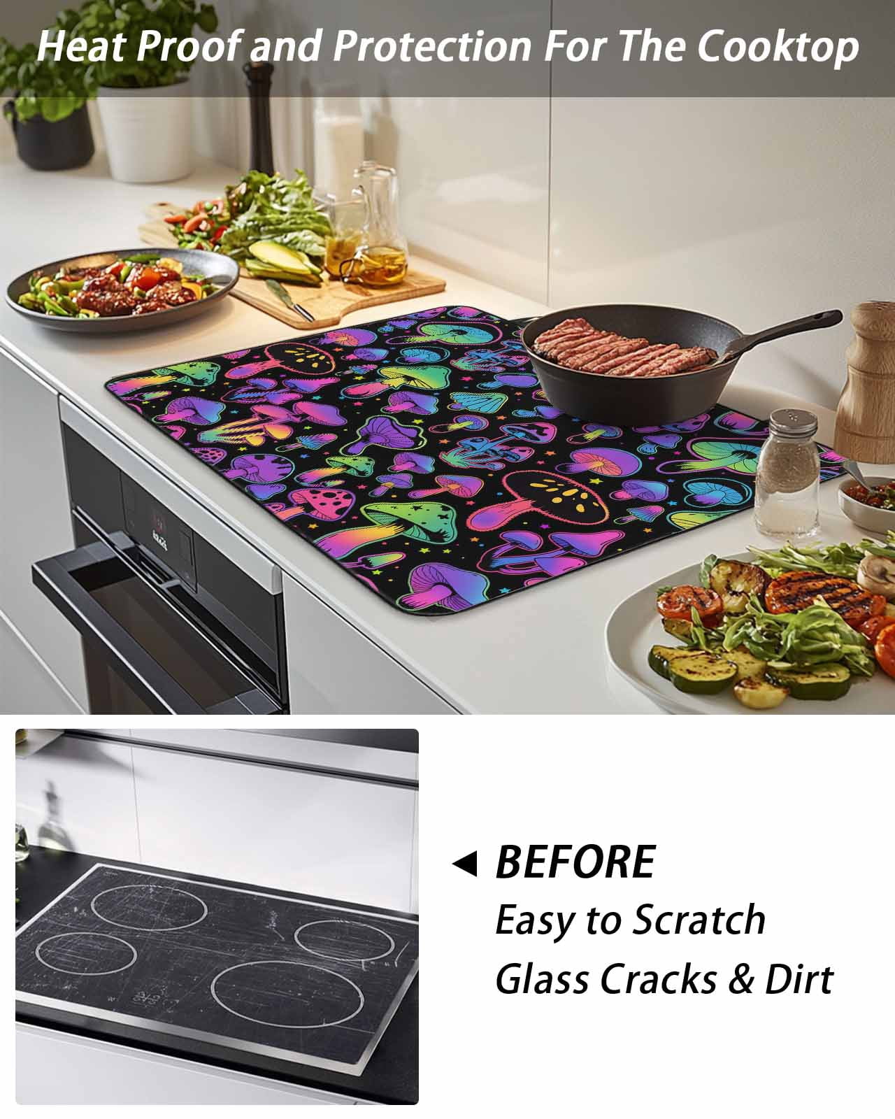 Stove Top Covers for Electric Stove, Purple Green Mushroom Glass Stovetop Cover Protector, Abstract Art Botanical Gradient Induction Cooktop Protector Oven Mat for Kitchen Countertop 24"x21"