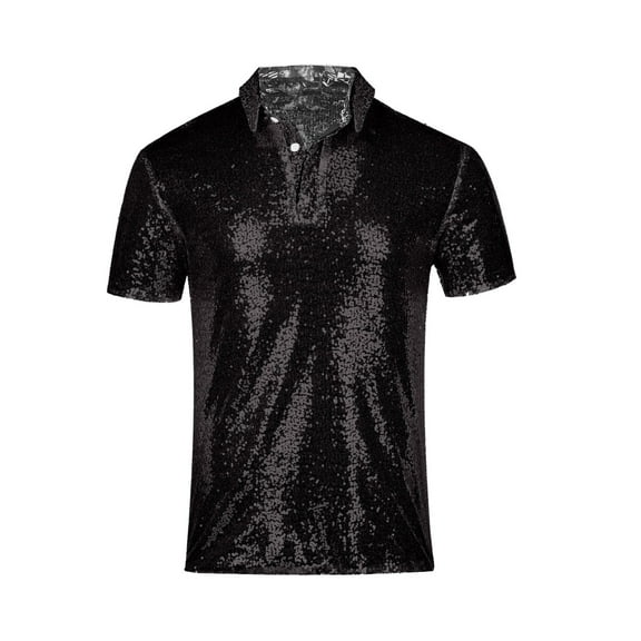 Aueoeo Men's Short Sleeved Shirts Fashion Solid Color Sequin Top Glittering Laple Collar Party Club Dance Trendy Shirt
