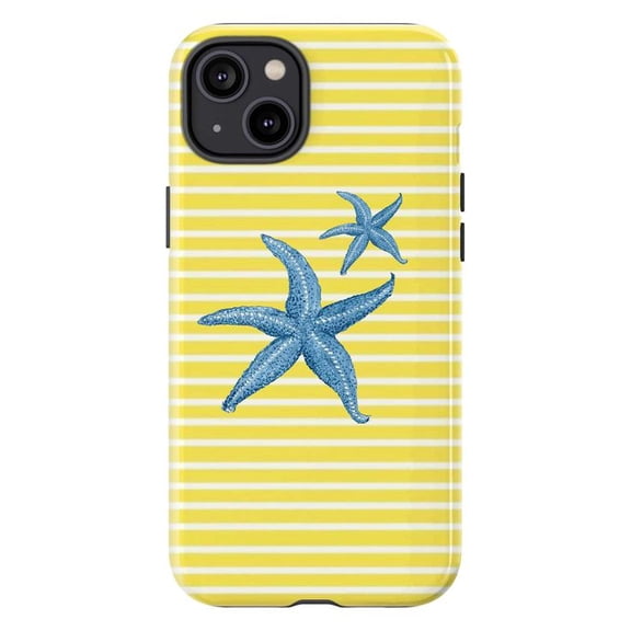 Yellow Striped iPhone Case with Blue Starfish, Beachy Nautical Summer Vibes, Protective Hard Cover for iPhone 16 15 14 13 12 11 Pro Max Plus Mini