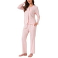 thumbnail image 4 of Womens Pajamas Sets Lace Trim Long Sleeve Button Down Sleepwear Elastic Waist Pant Loungewear with Pockets L Pink, 4 of 6