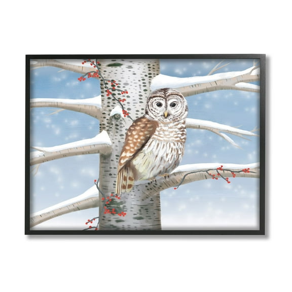 Stupell Industries Snowy Birch Tree Owl Holiday Painting Black Framed Art Print Wall Art