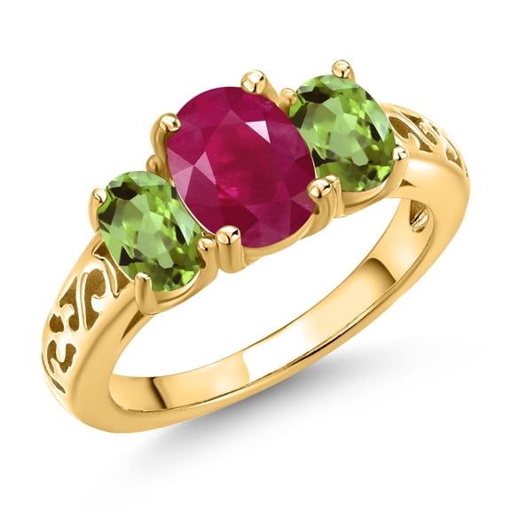 Gem Stone King 18K Yellow Gold Plated Silver Red Ruby and Green Peridot Filigree Style 3 Stone Ring for Women (2.60 Cttw, Oval 8X6MM and 6X4MM) (Size 8)