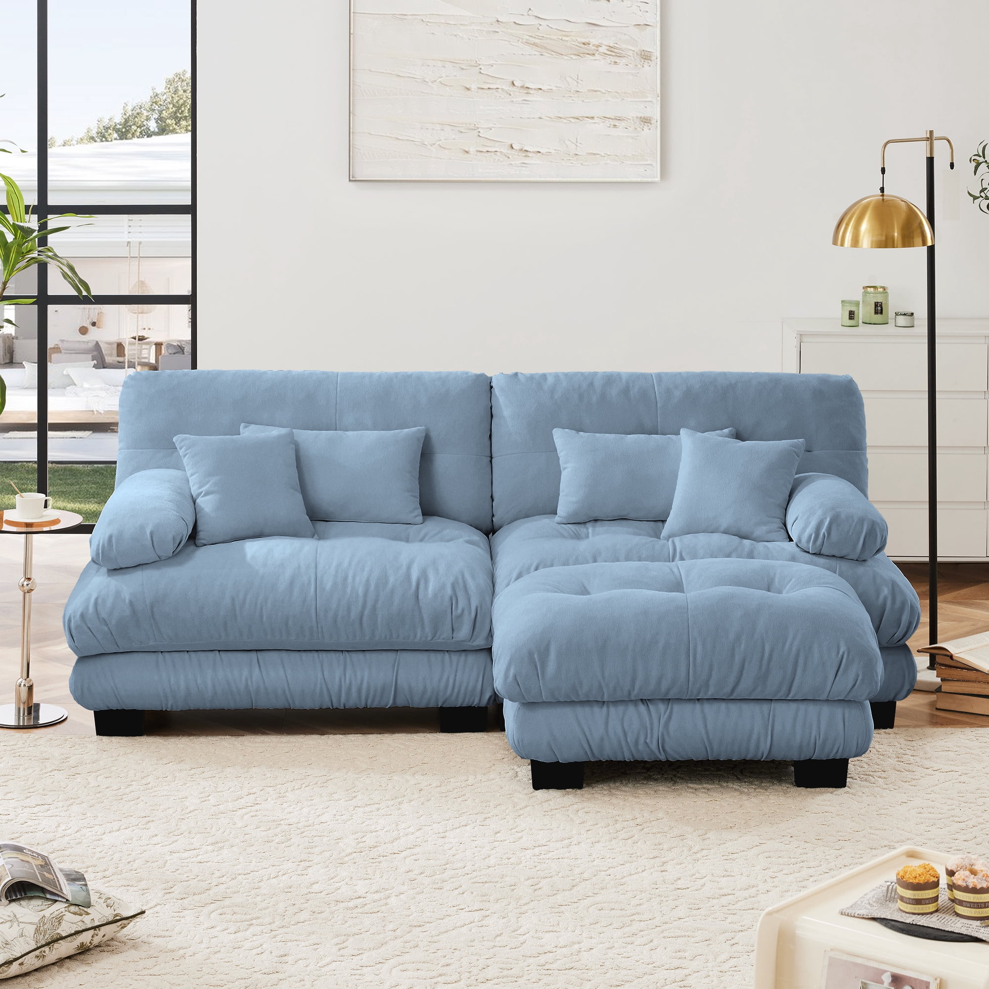 MAYEERTY 99.4in Cloud Sectional Sofa Couch for Living Room, Chenille 2 Seater Sofa with 2 Lumbar Pillows, 2 Throw Pillows and Convertible Ottoman, Blue