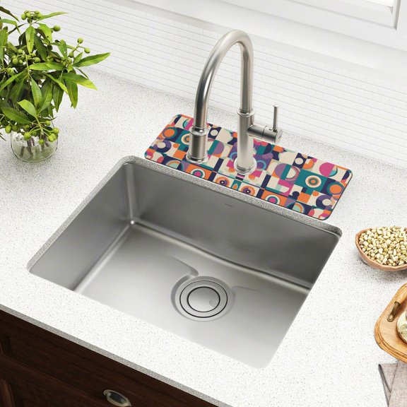 Yayeee Faucet Mat for Kitchen Sink 14.7" Diatomite Long Splash Guard Pad, Orange Geometric