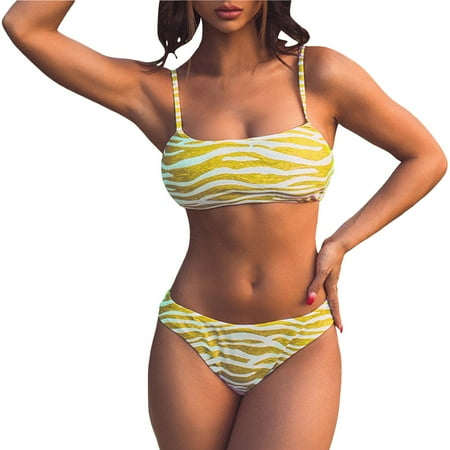 Sngxgn Women High Waisted Bikini Set Swimsuit Scoop Neck Cheeky Bathing Suit(Yellow XS)