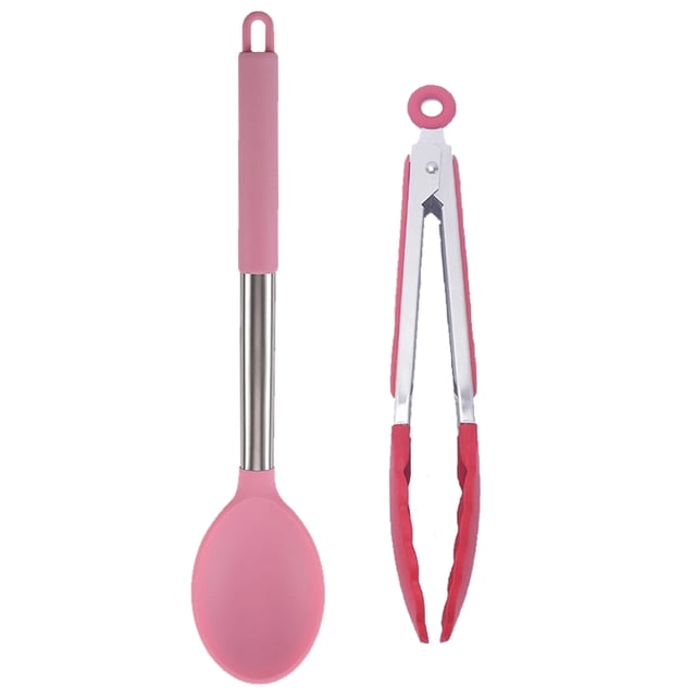 Juego de utensilios de cocina de silicona de cocina de 2 piezas, mango colorido de acero inoxidable de silicona, resistente al calor